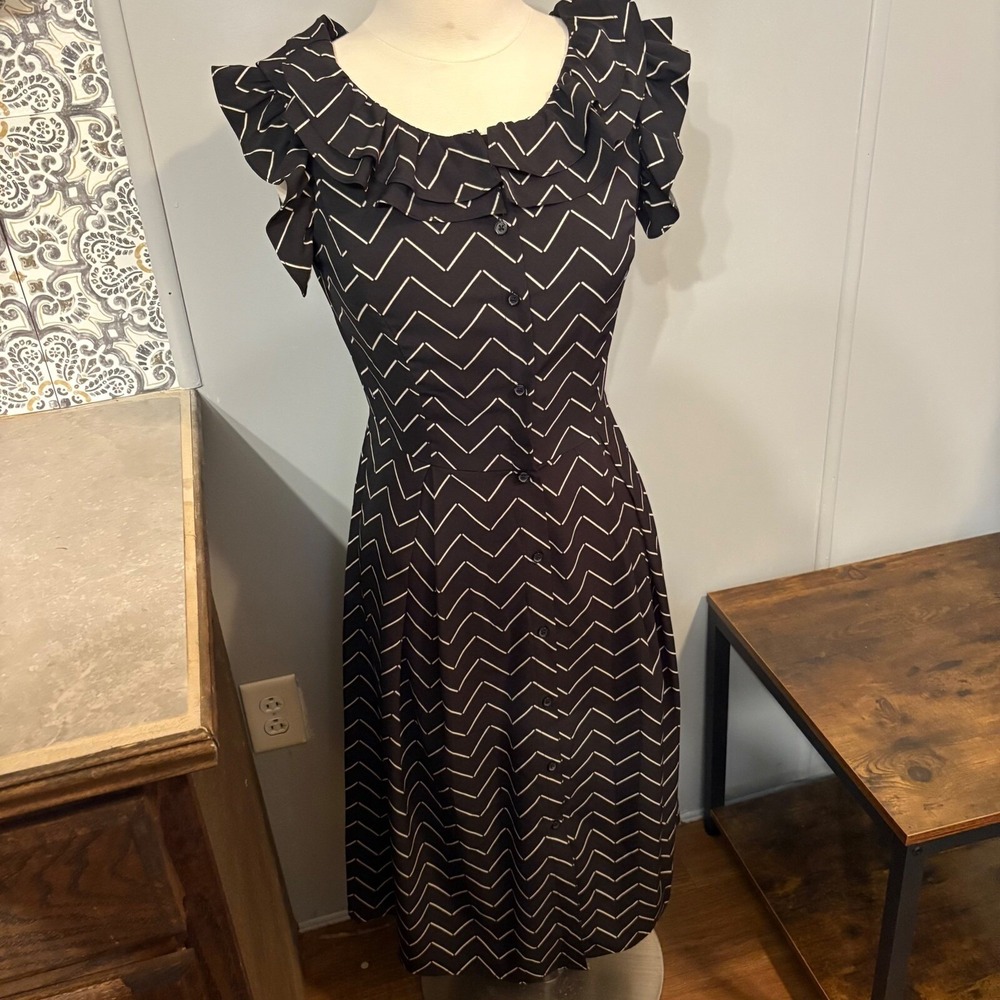 Who What Wear Black Tan Chevron Striped Maxi Dress w/ Ruffled Neckline (XS)
